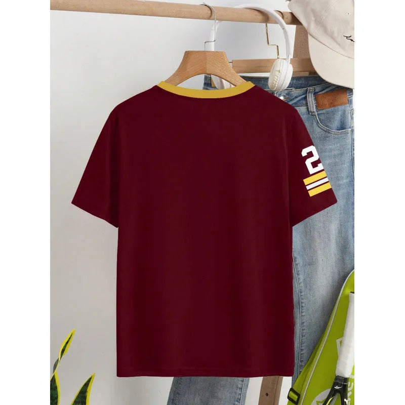 Red and green loose fit cotton T-shirt with digital printed letter pattern