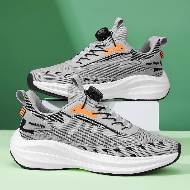 Men's black casual sports shoes with rotating buckle and fly-knit mesh upper