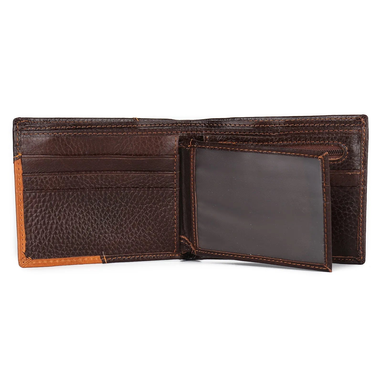 Soft leather men's wallet with personality stitching showing card slots and zipper compartment