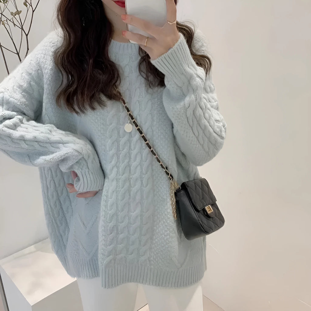 Thick hemp flowers knitted round neck sweater retro loose top in solid colour with long sleeves and round neck