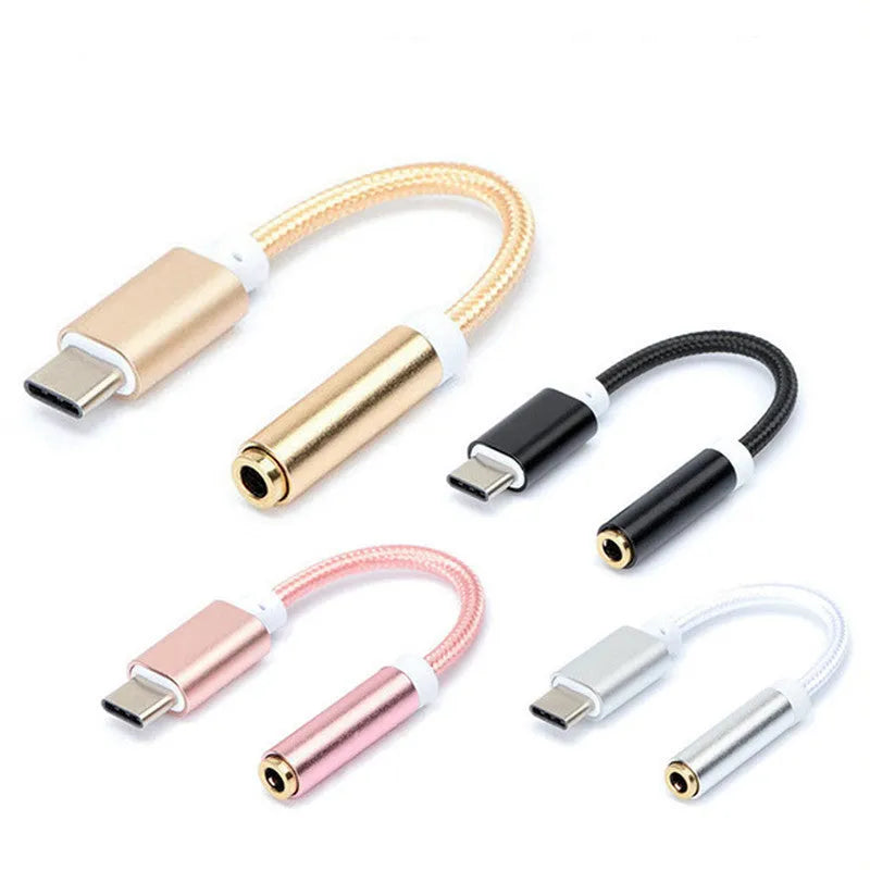 TYPE-C to 3.5mm audio adapter cable with woven nylon 12cm cable in black silver gold rose gold colours