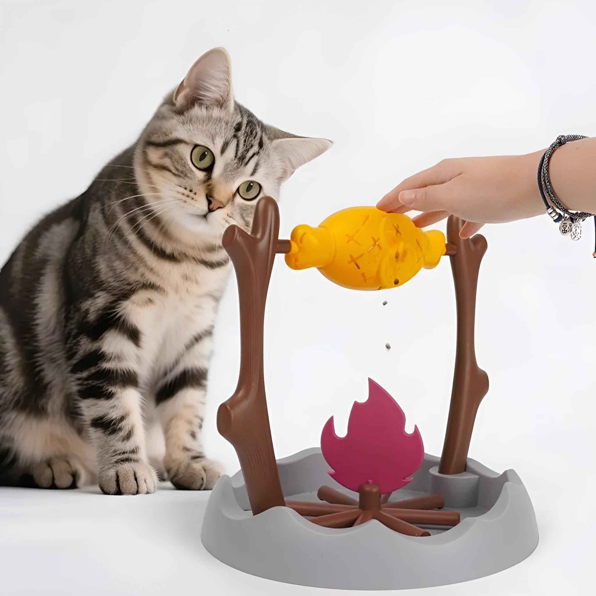 Barbecue-style tumbling cat toy and treat feeder, showing dimensions of 30x30x29cm.