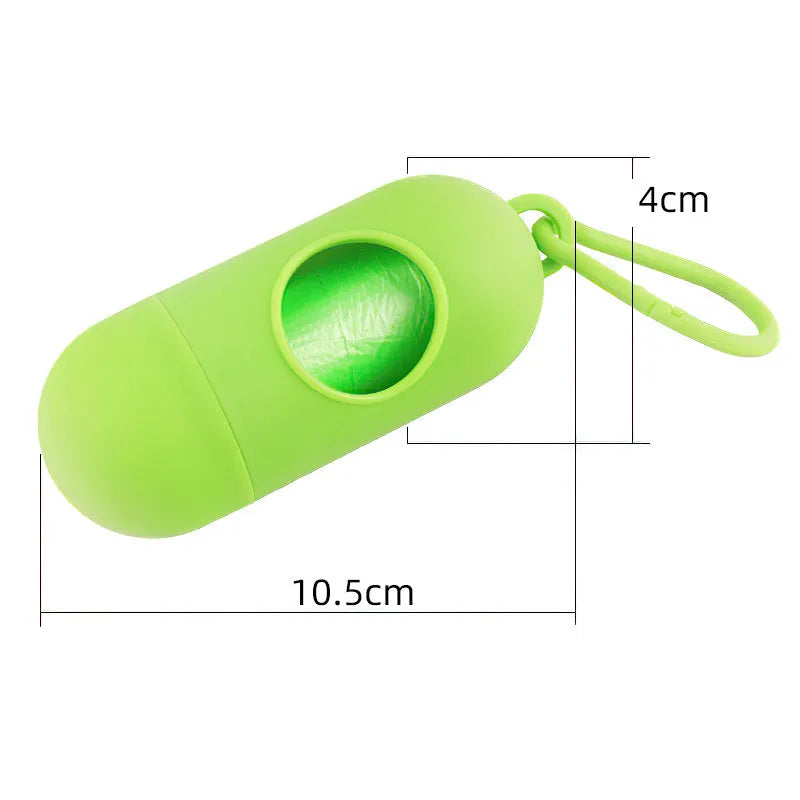 Small rectangular dog poop bag holder with a Velcro strap and metal hook, shown in a choice of colours.