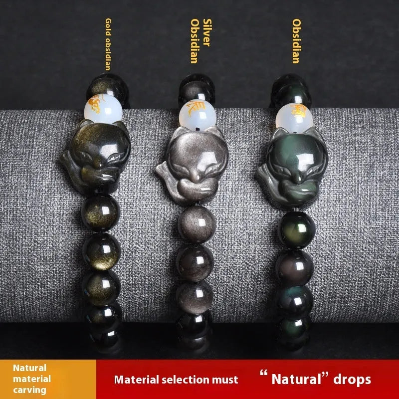 Natural obsidian zodiac guardian bracelet with 10mm beads on an adjustable cord.