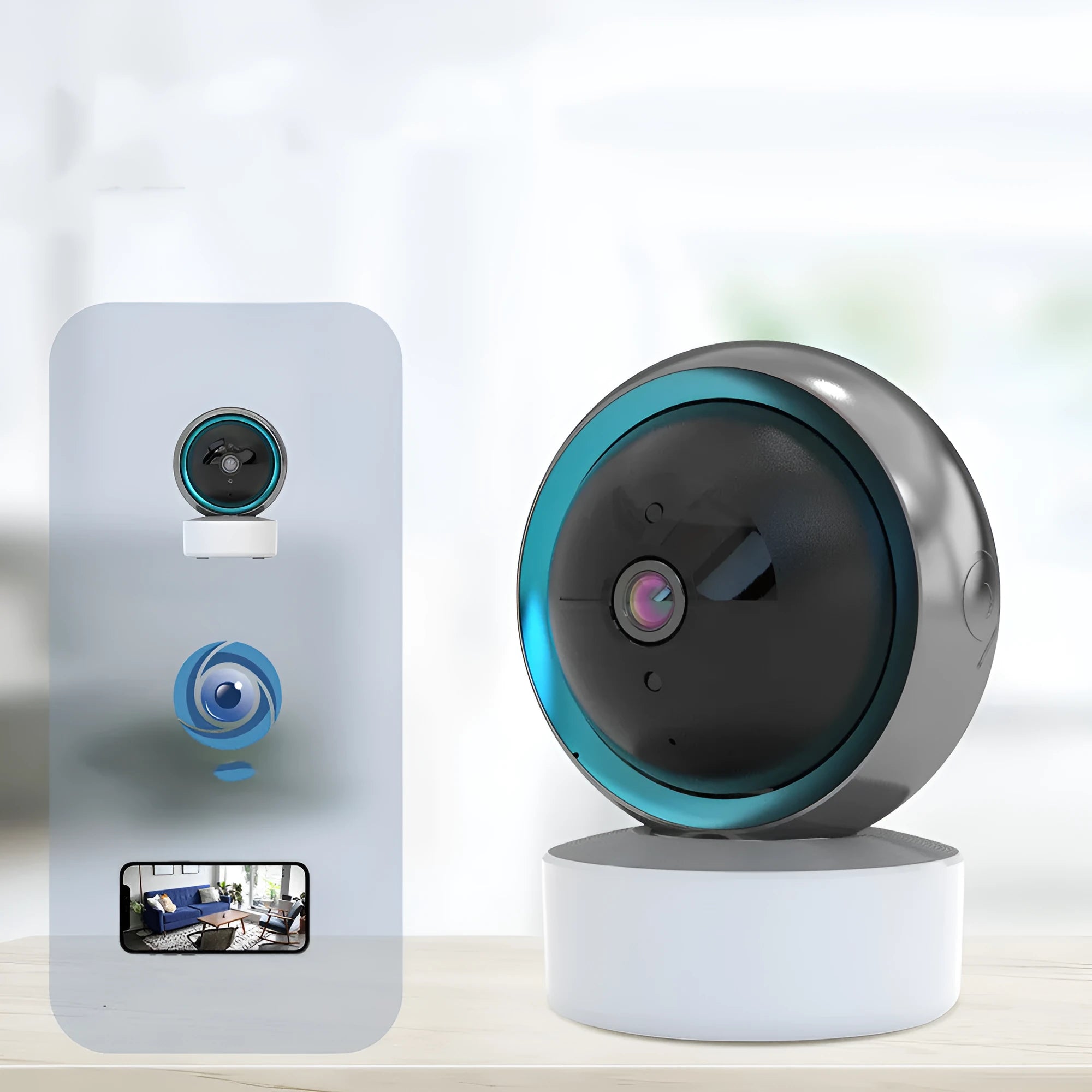 Indoor 360 degree wifi security camera with ABS housing showing rotation capability