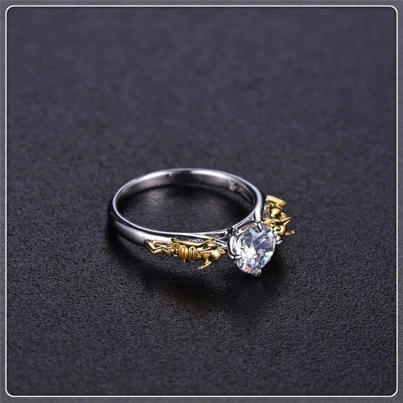 Black gold finish crystal crown cosplay ring on copper base, sizes 6-10.