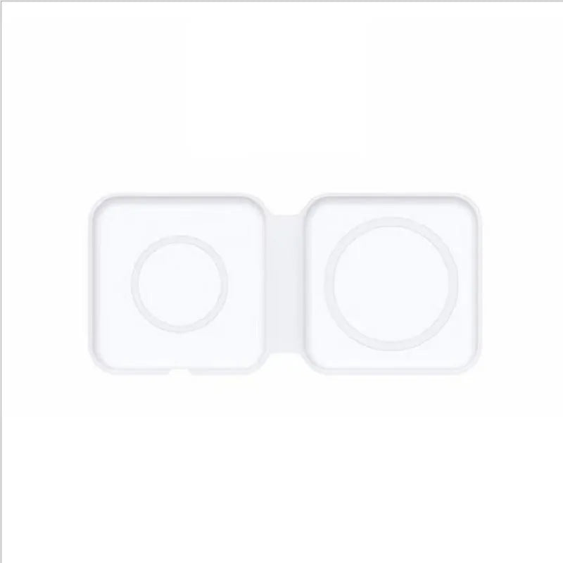 White folding dual magnetic wireless charger with 15W fast charging showing adjustable angle
