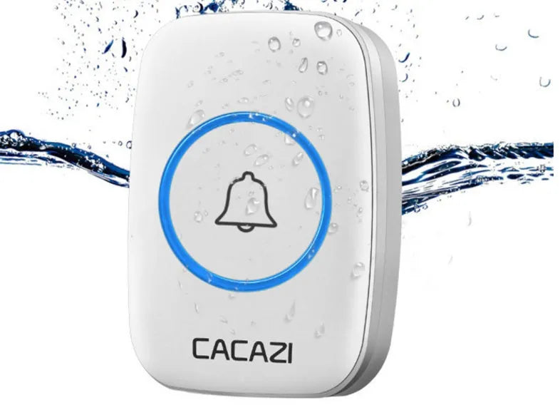 Wireless doorbell system showing transmitter and receiver units with 300m range capability