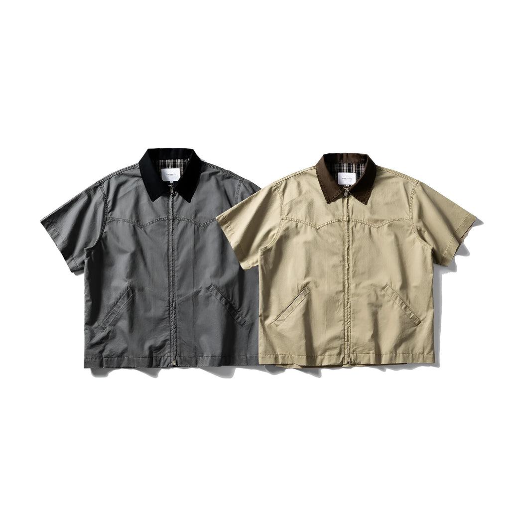 Men's washed cotton short sleeve overall shirt in loose cardigan style