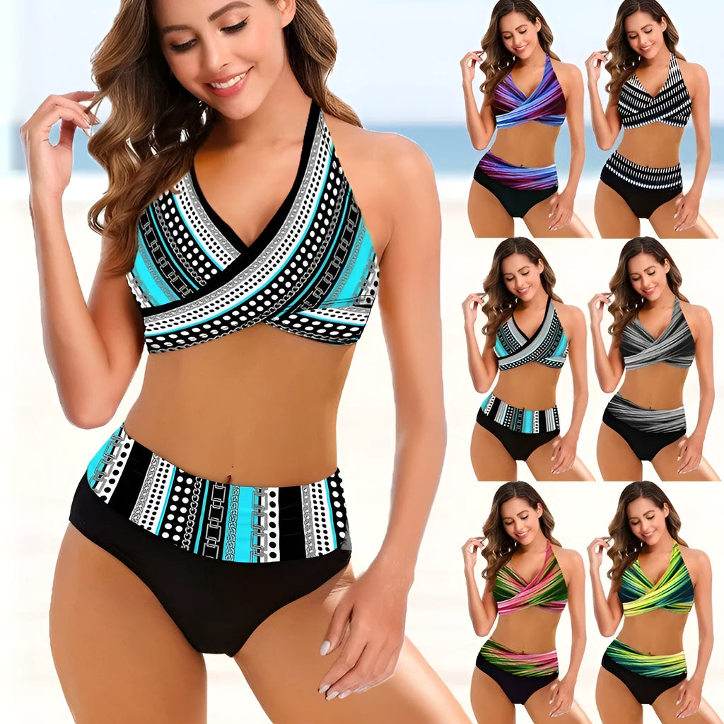 Ladies striped tie-dye bikini with hollow design and high-waisted backless briefs.