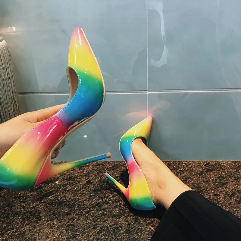 Rainbow colour patent leather women's pointed toe high heels with thin stiletto heel