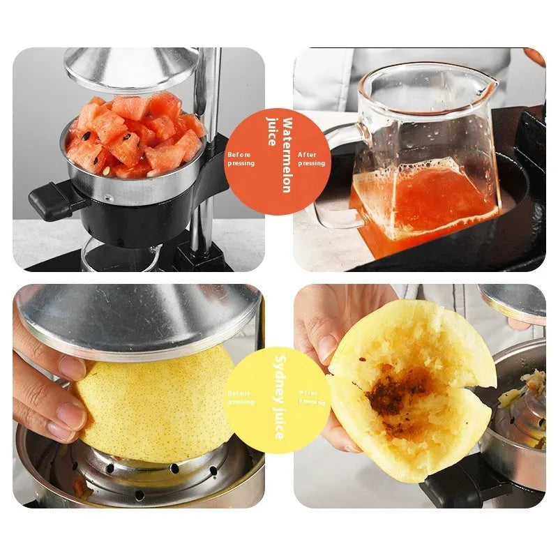 Black cast iron manual citrus juicer with stainless steel cone and lever, 40cm tall on a table.
