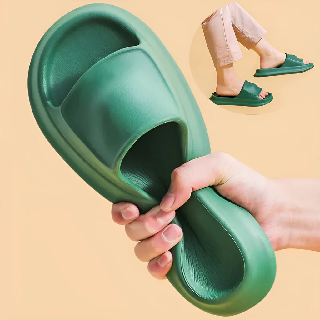 Pair of thick-soled EVA flip-flop slippers in a choice of seven colours on a white background.