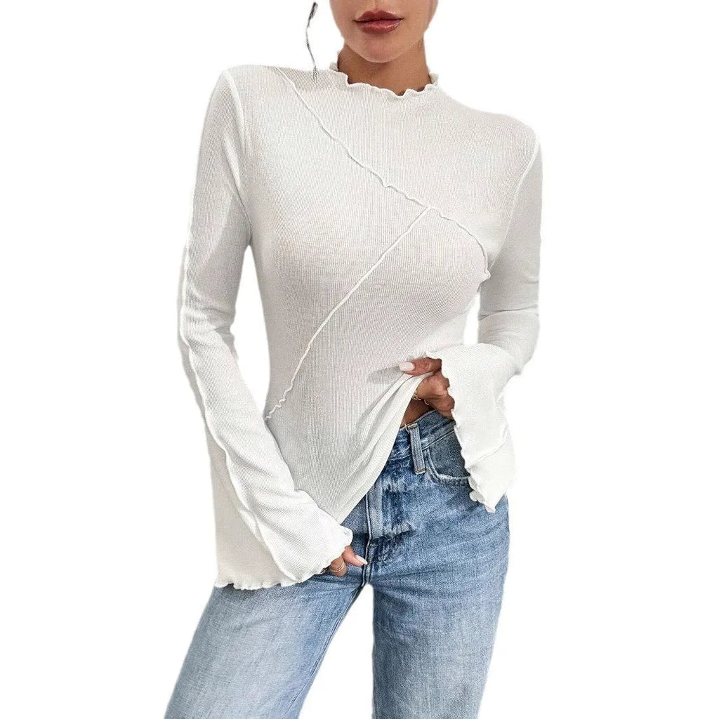 Solid colour beveled bell sleeve slim fit pullover with ruffled collar in black, front view