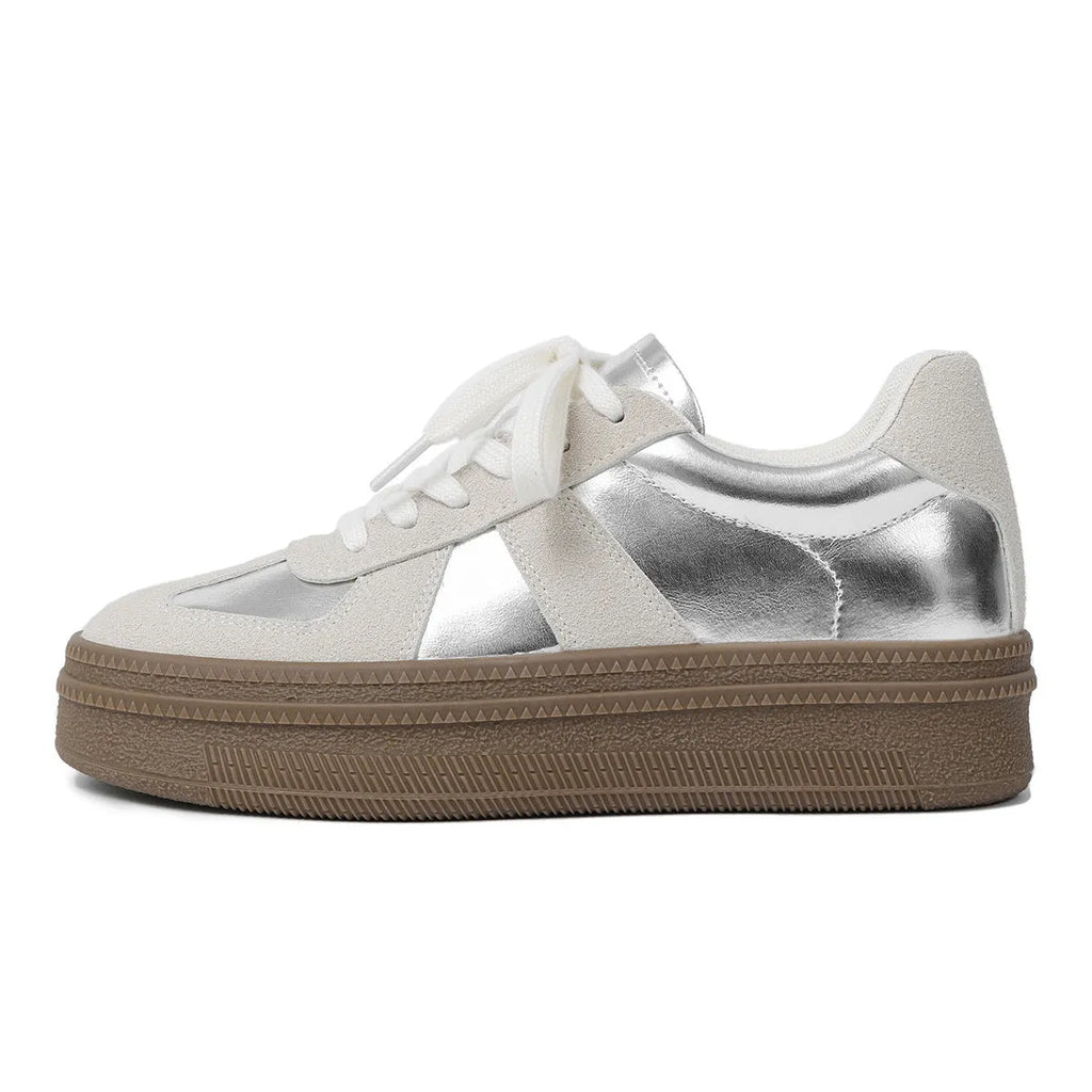 Retro beige and silver sports shoes with cross straps and round toe