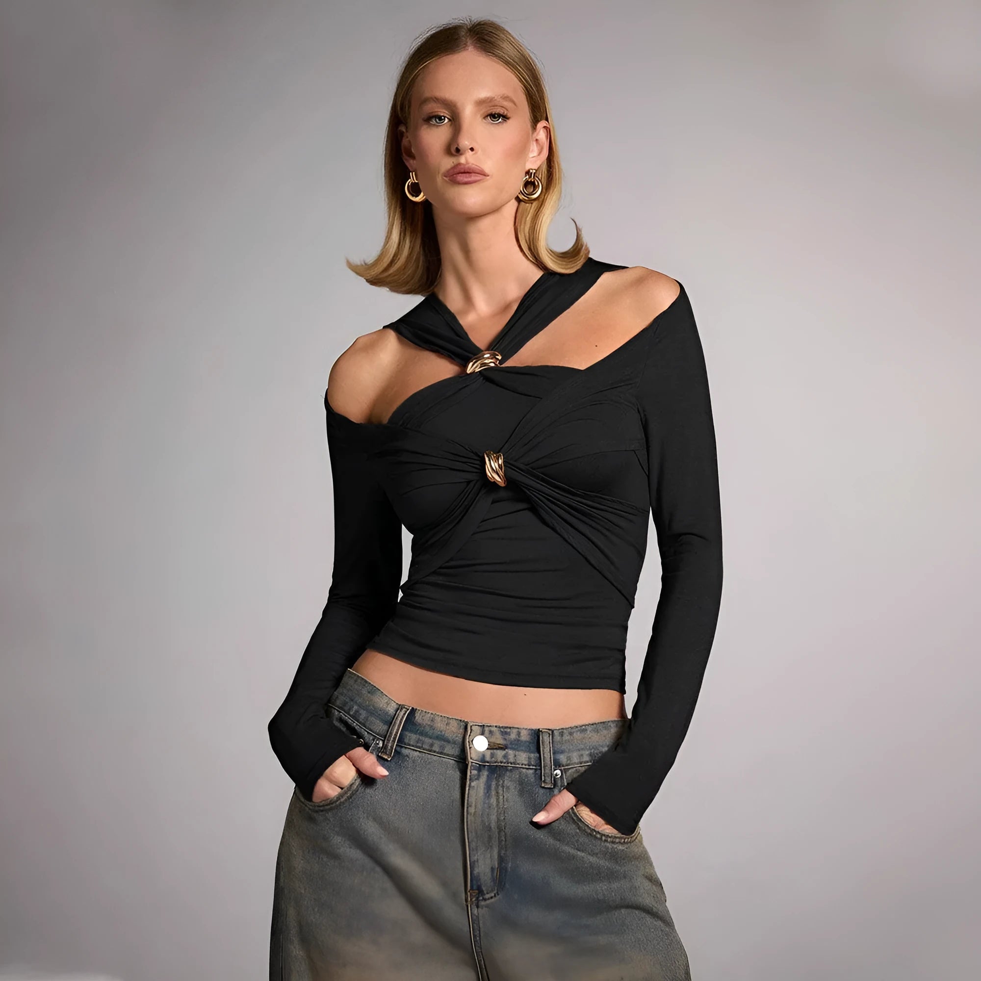 Black women's halter neck slim fit top with shoulder-baring design