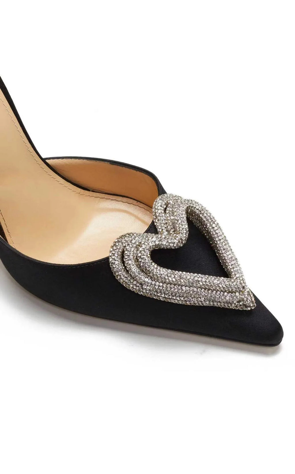 Women's pointed-toe satin sandal with heart rhinestone and cross-belt strap in black, pink, or white.