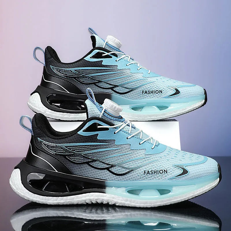 Low-top shock absorption rotating button sneaker in light blue mesh with a rubber sole.
