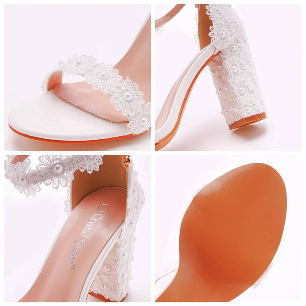 White PU shallow mouth square heel sandals with bead embellishment, low heel 4cm option