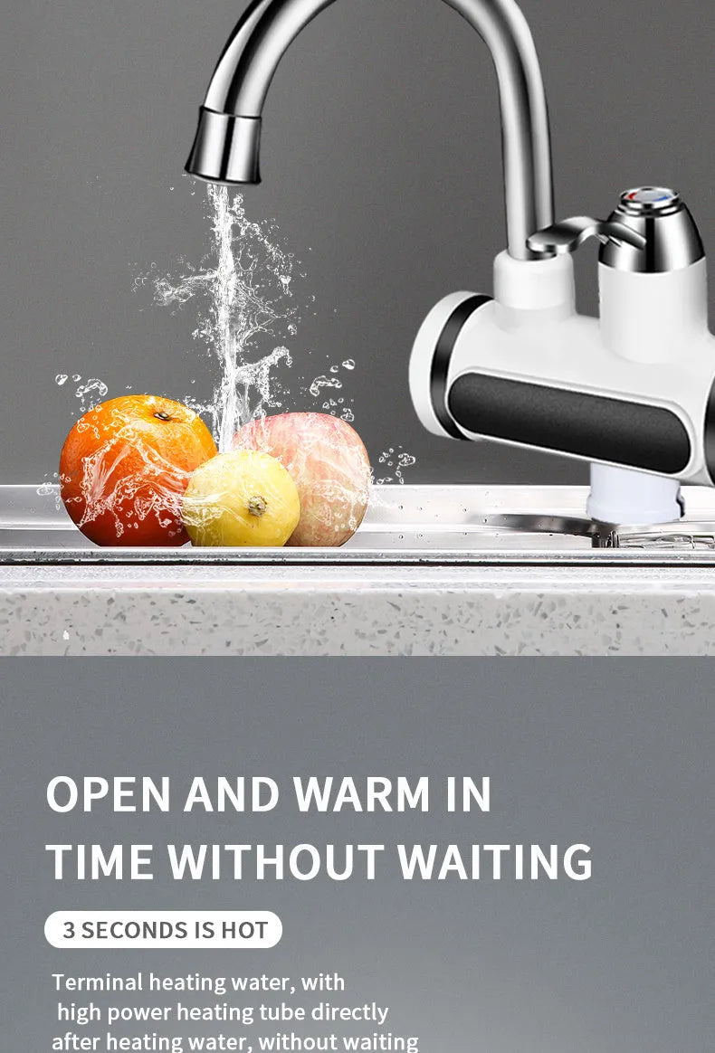 White electric instant water heater with digital temperature display for kitchen installation