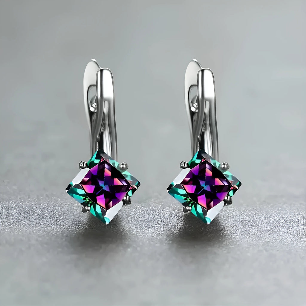 Copper earrings with zircon diamond design in blue, green and colour variations