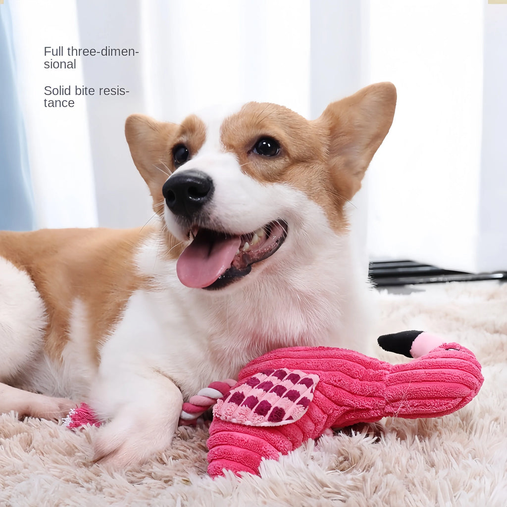 Pink animal-shaped corduroy squeaky dog toy with reinforced stitching