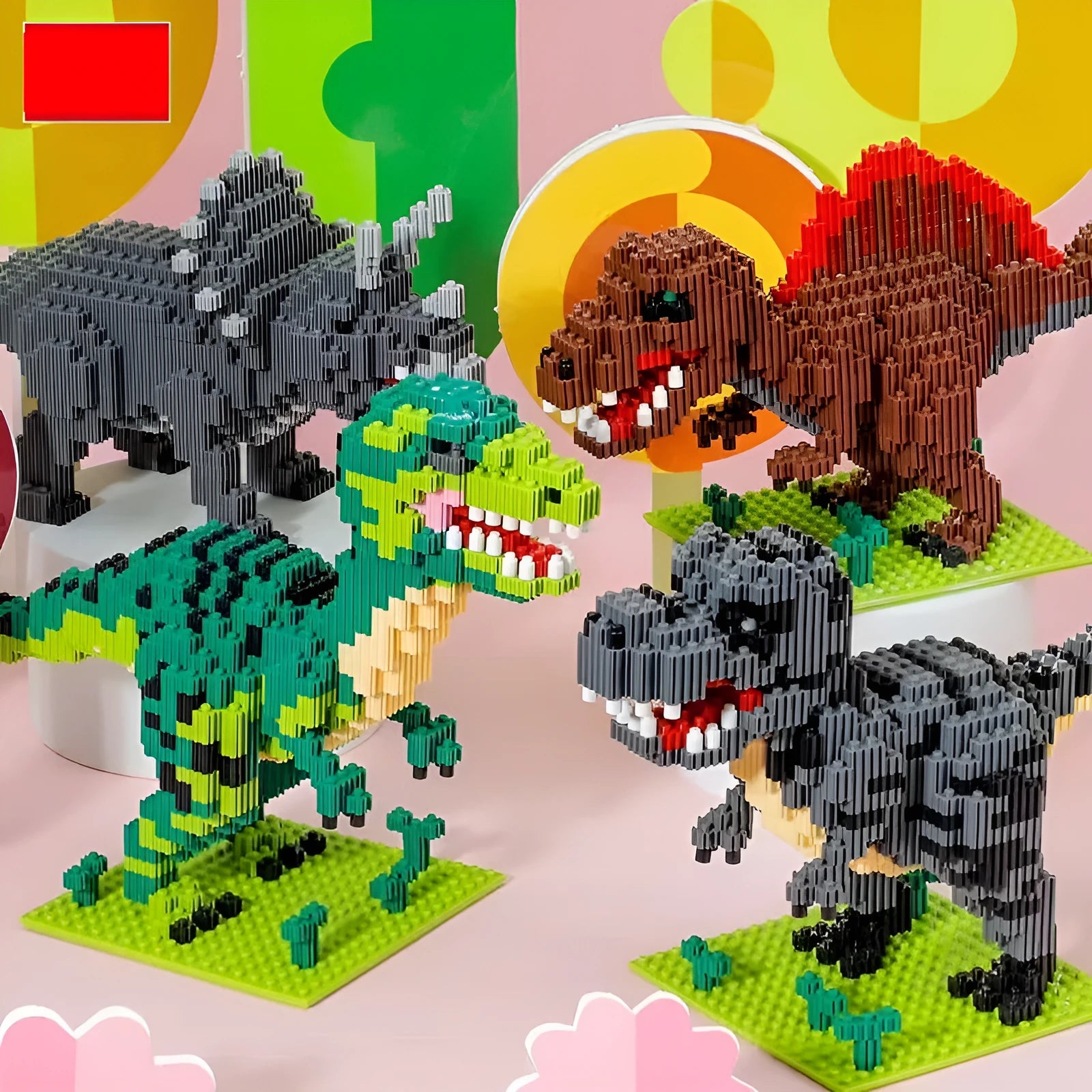 Plastic building blocks dinosaur model assembly kit with small diamond particles in colour box packaging