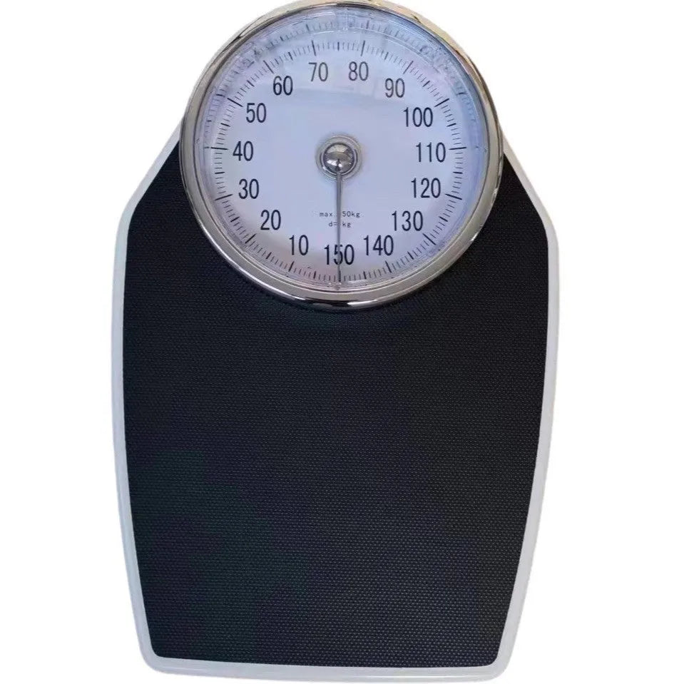 Black mechanical body weight scale with large dial showing weight measurements.