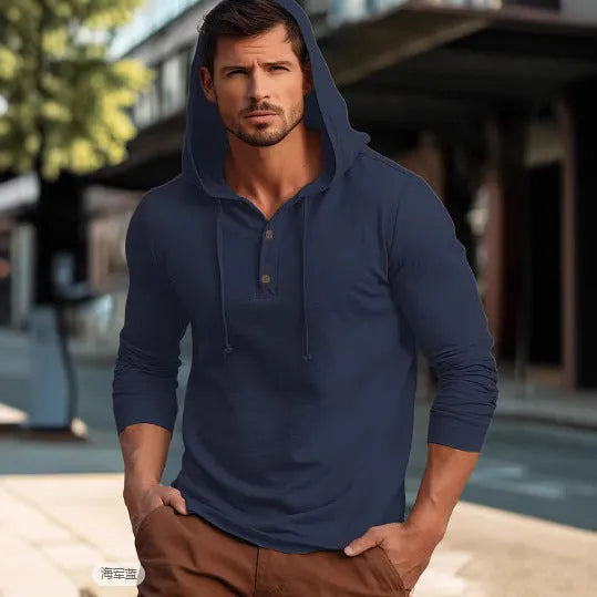 Men's dark blue cotton hoodie pullover with long sleeves on a hanger