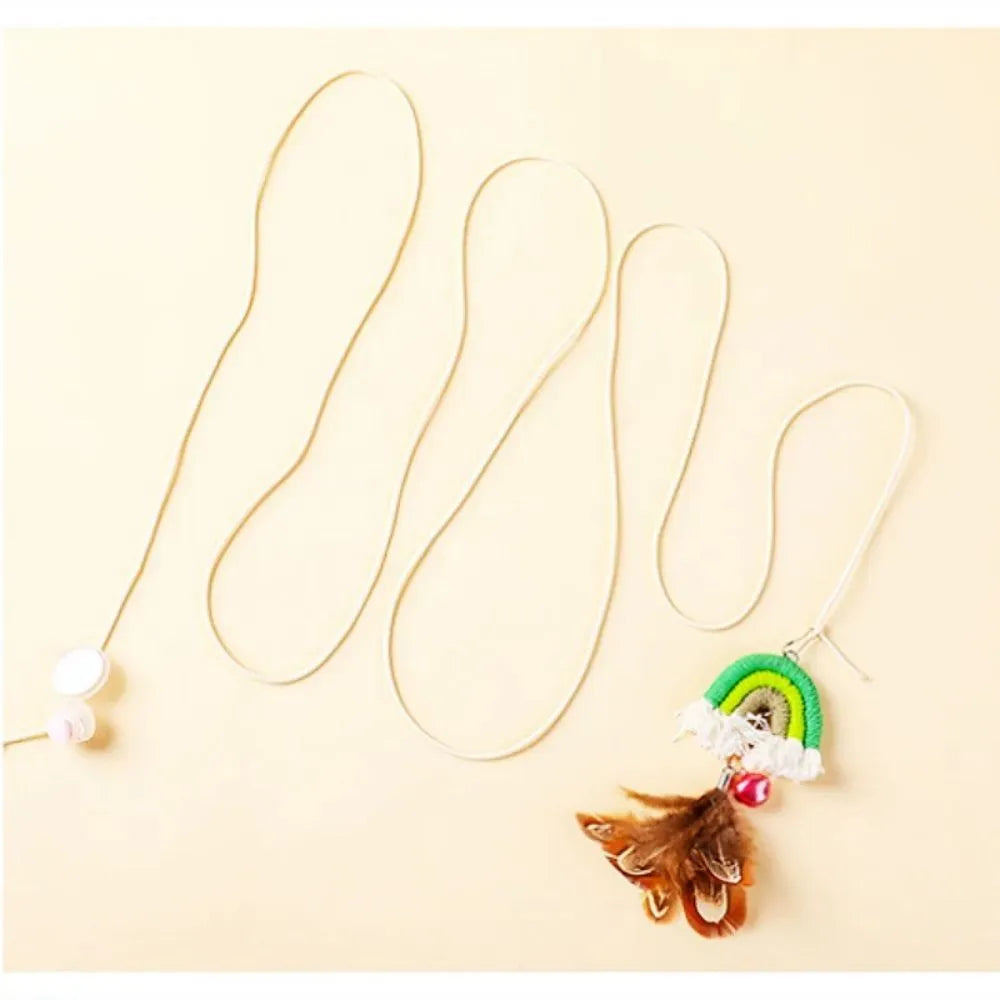 Feather cat rope toy with elastic door swing and sticky buckle clamp in blue, green, or pink colours