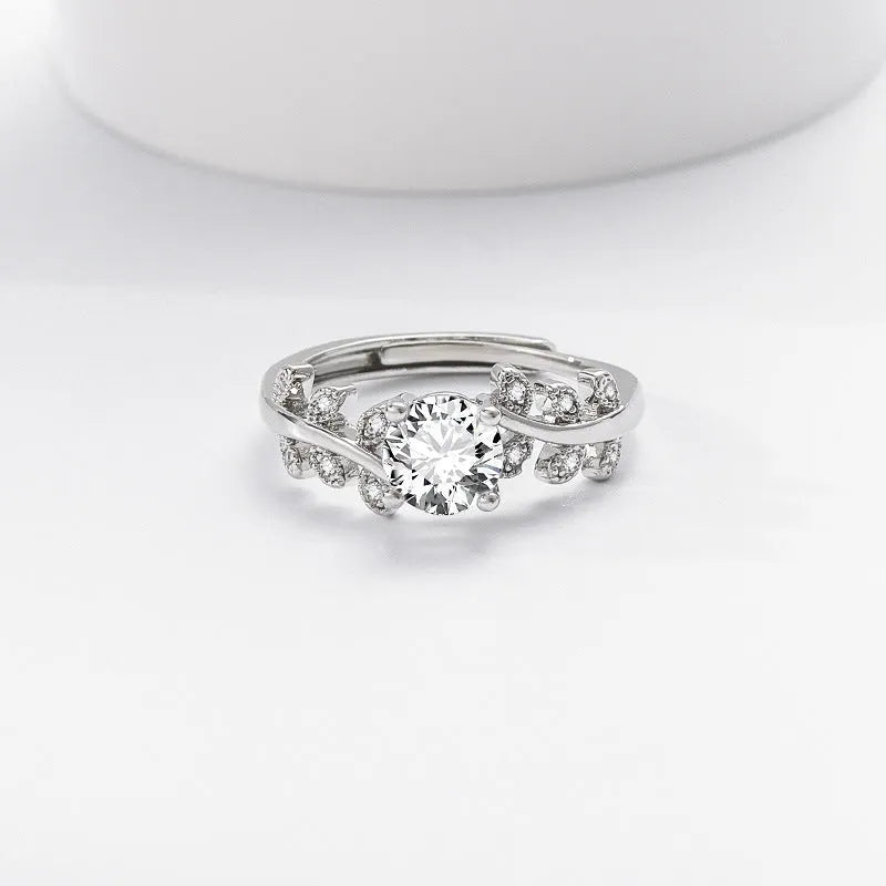 Women's adjustable copper ring leaf shape white gold colour 1 carat high-sensitivity stone index finger