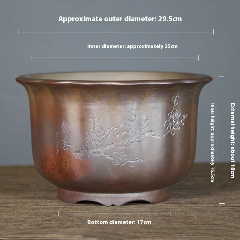 Antique carved purple sand ceramic flowerpot in S1696 firewood colour for indoor bonsai displays