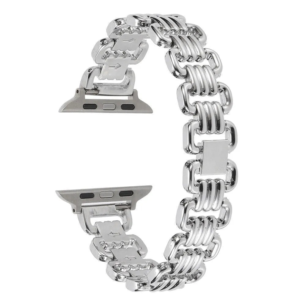 Alloy metal Apple Watch bracelet in silver, black, gold, rose gold and Starlight colours for 38mm to 49mm cases.