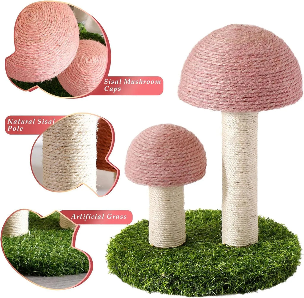 Pink mushroom-shaped cat scratching post with natural sisal covering on cap and pole