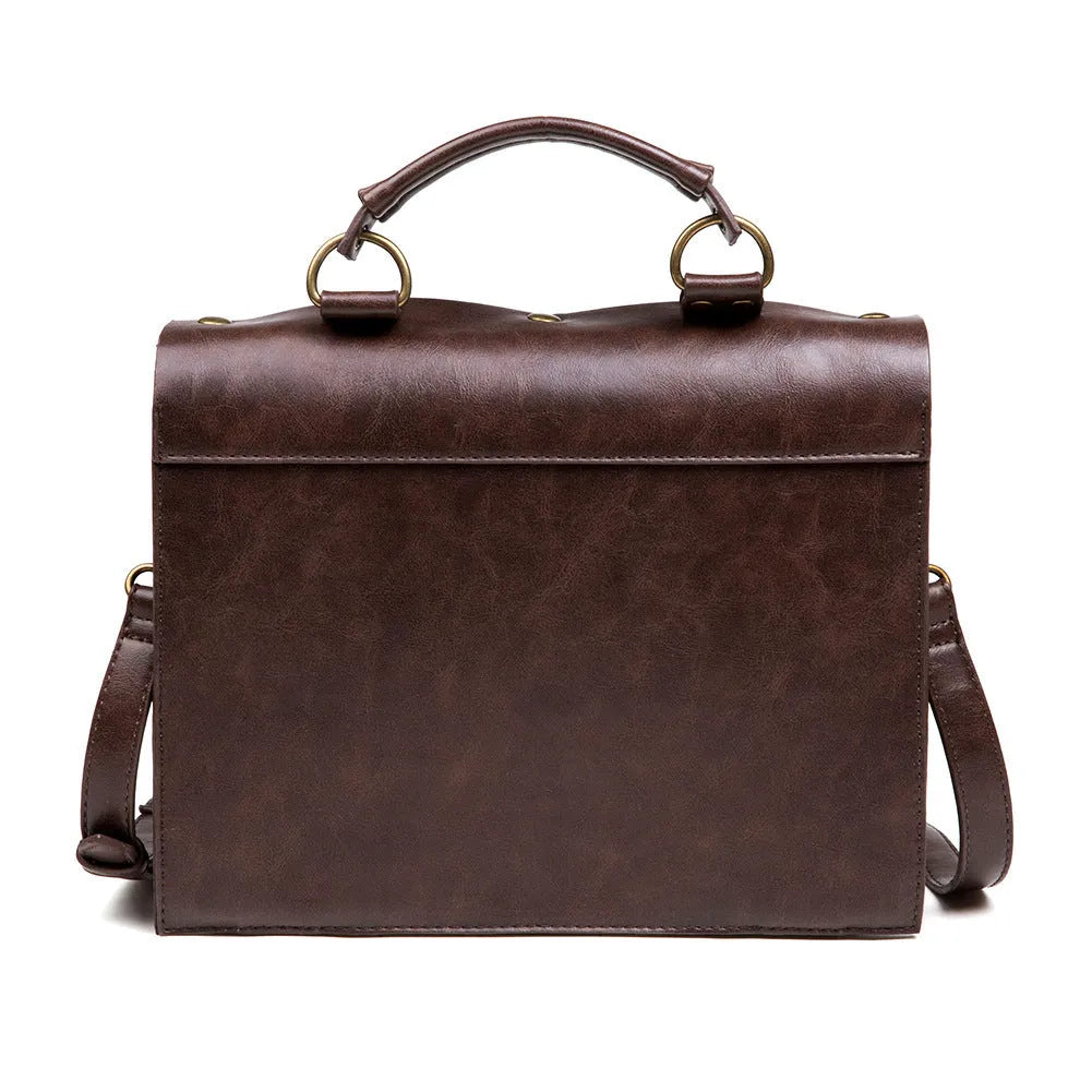 Bronze steampunk pillow shoulder bag with metal details on a horizontal square shape