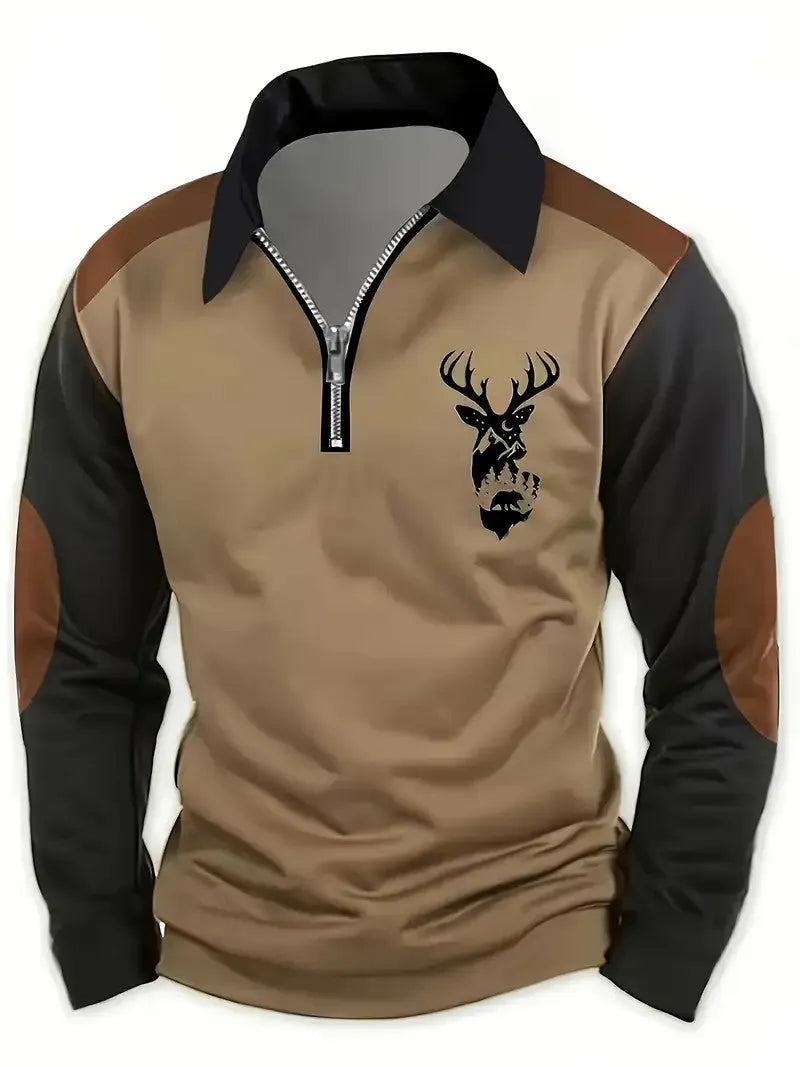 3D printed men's long sleeve polo shirt with colour block splicing and zipper decoration, loose fit, polyester blend, available in multiple colours