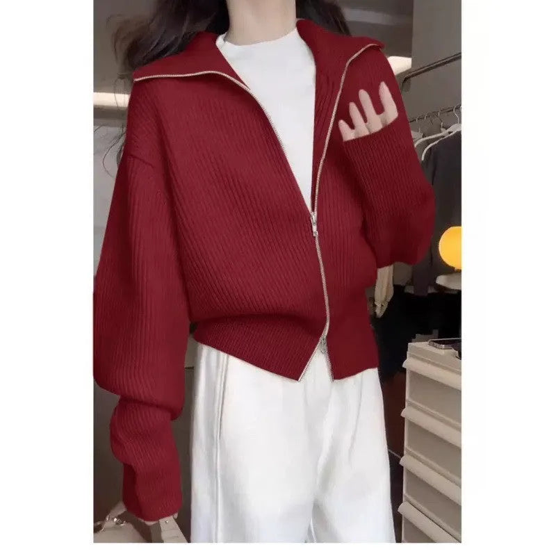 Hong Kong style double zipper knitted cardigan jacket in loose fit with floral pattern and three-dimensional decoration