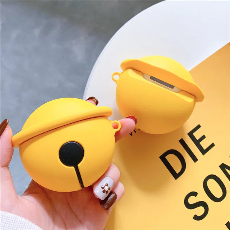 Yellow bell-shaped silicone protective case for AirPods 1 and 2 generation charging cases.