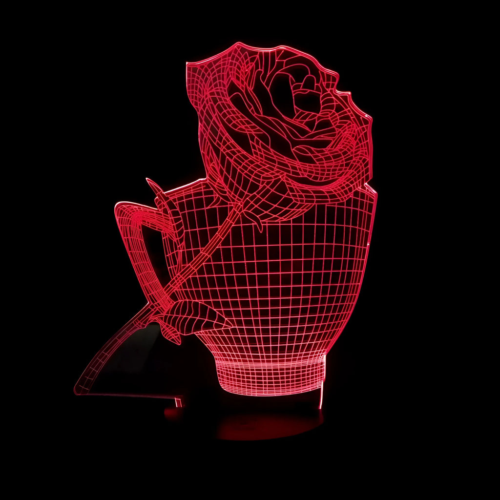 3D rose-shaped LED night light showing colour-changing glow on acrylic panel with ABS base.