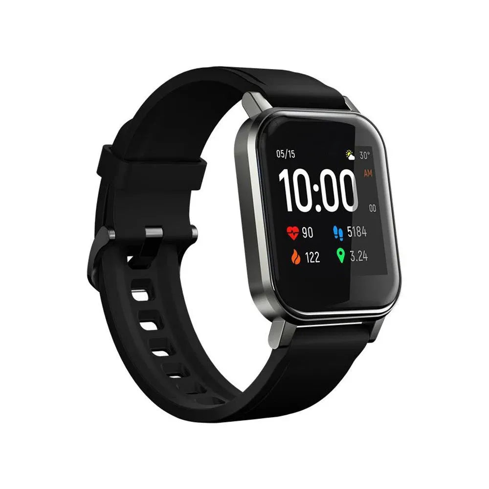 Black waterproof smart fitness bracelet with a 1.4-inch touchscreen on a silicone wristband.