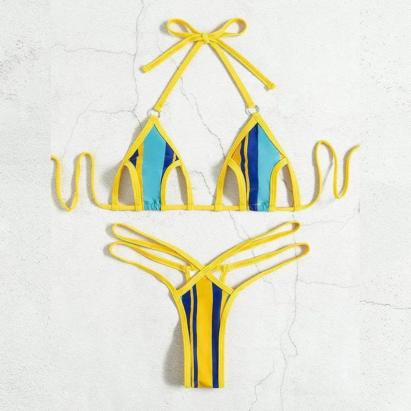 Yellow women's one-piece swimsuit with a neck-hanging strap and backless hollow design.