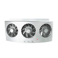 Black and white USB-powered car ventilation fan for exhaust odour removal on a car dashboard.