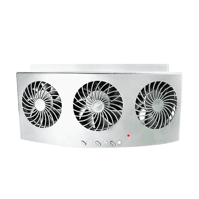 Black and white USB-powered car ventilation fan for exhaust odour removal on a car dashboard.