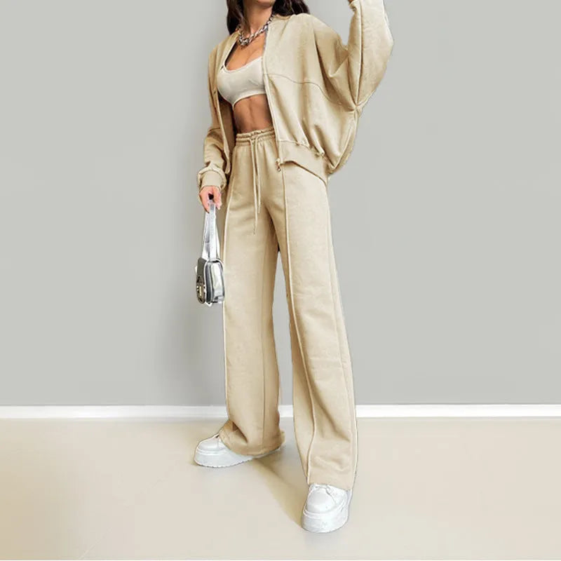 Women's casual suit set in loose fit, solid colour, polyester fabric, top and pants matching set