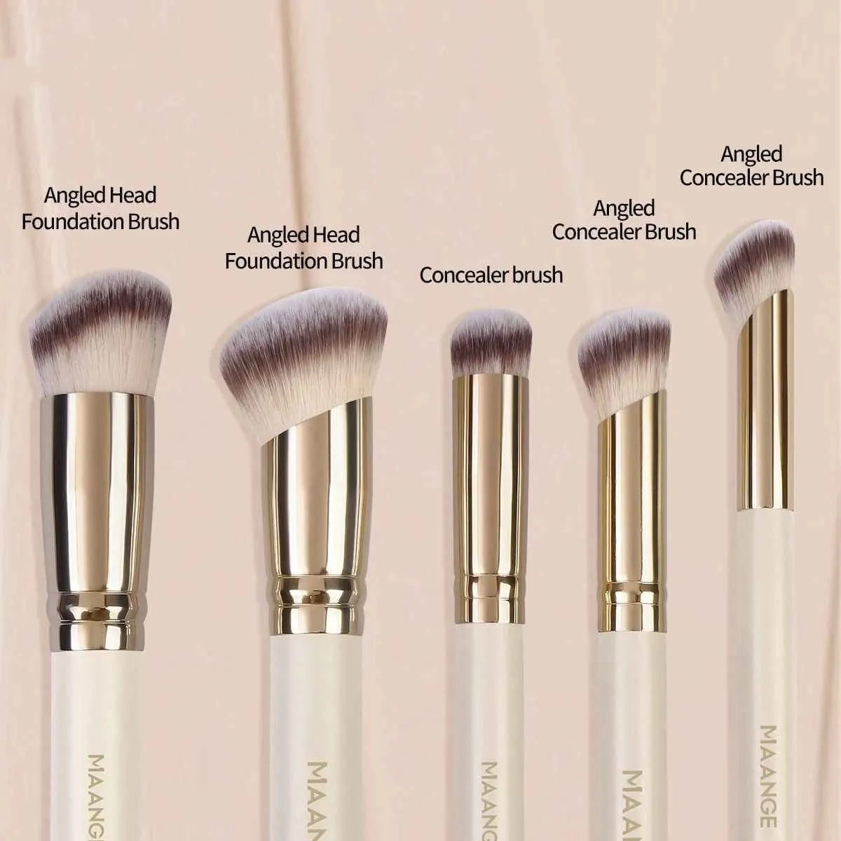 MAANGE five-piece apricot coloured makeup brush set featuring an angled blush brush on a white background.