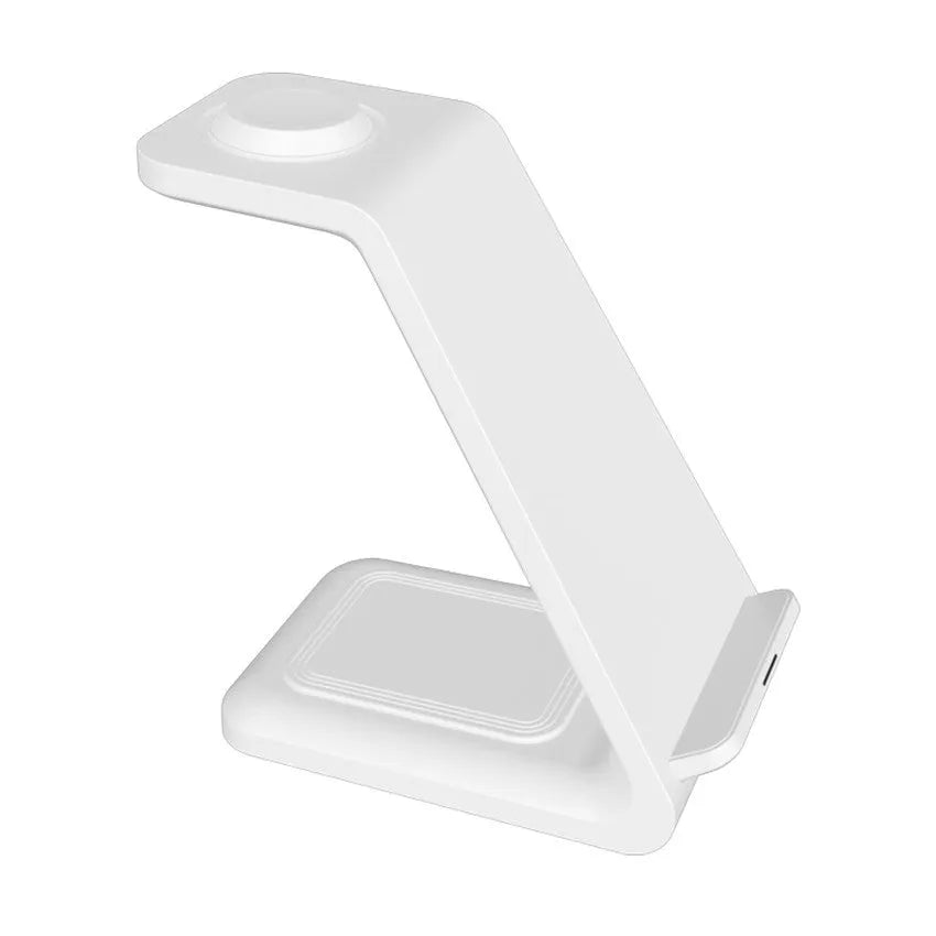 White upright wireless charging phone holder with Type-C cable on desk