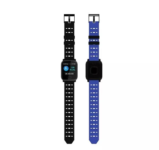 A6 compatible smart bracelet with colour touchscreen and silicone strap in black, blue, or orange options