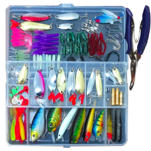 132-piece fishing lure set with plastic soft baits and high-carbon steel hooks in rose red colours