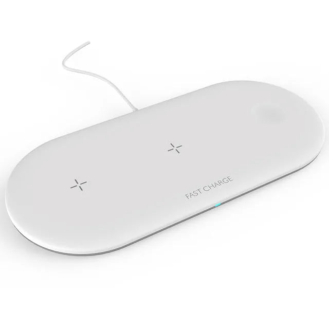 Black three-in-one wireless charging station for Apple Watch, iPhone and AirPods on a desk.