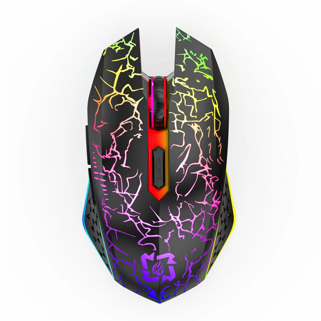 Black and white dual-mode wireless gaming mouse with luminous breathing light on desktop
